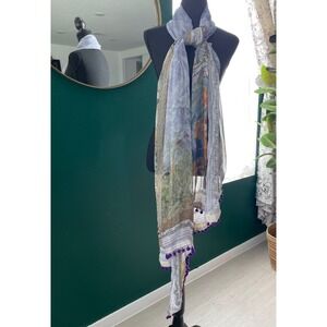 Floral Garden Scarf Sheer‎ Lightweight Purple Pom Pom Trimmed Womens Boho Wrap